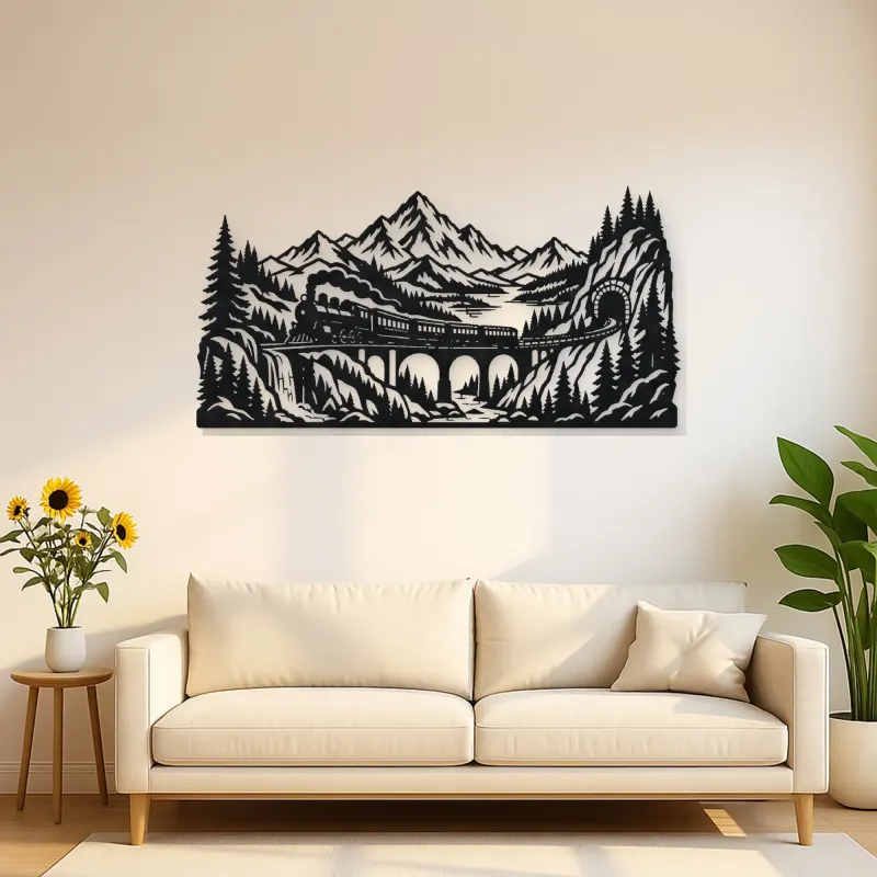Train through Mountains Metal Wall Art | Travel and City Wall Decor