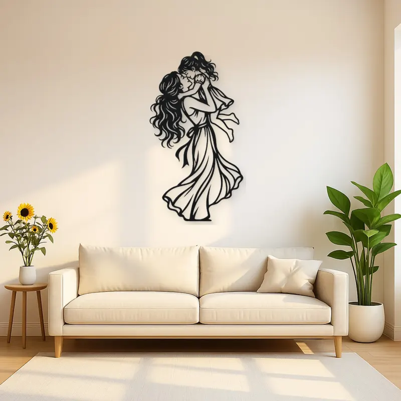 Single Mother Child Metal Wall Art | Family Silhouette Decor