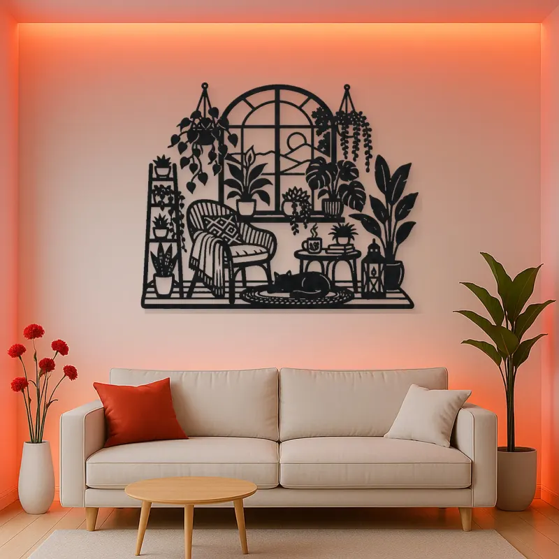 Window Plant Garden Metal Wall Art | Botanical Metal Wall Decor