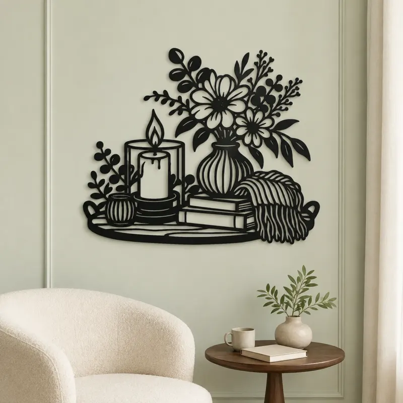 Candle and Flowers Metal Wall Art | Cozy Home Metal Decor - lifestyle view 2