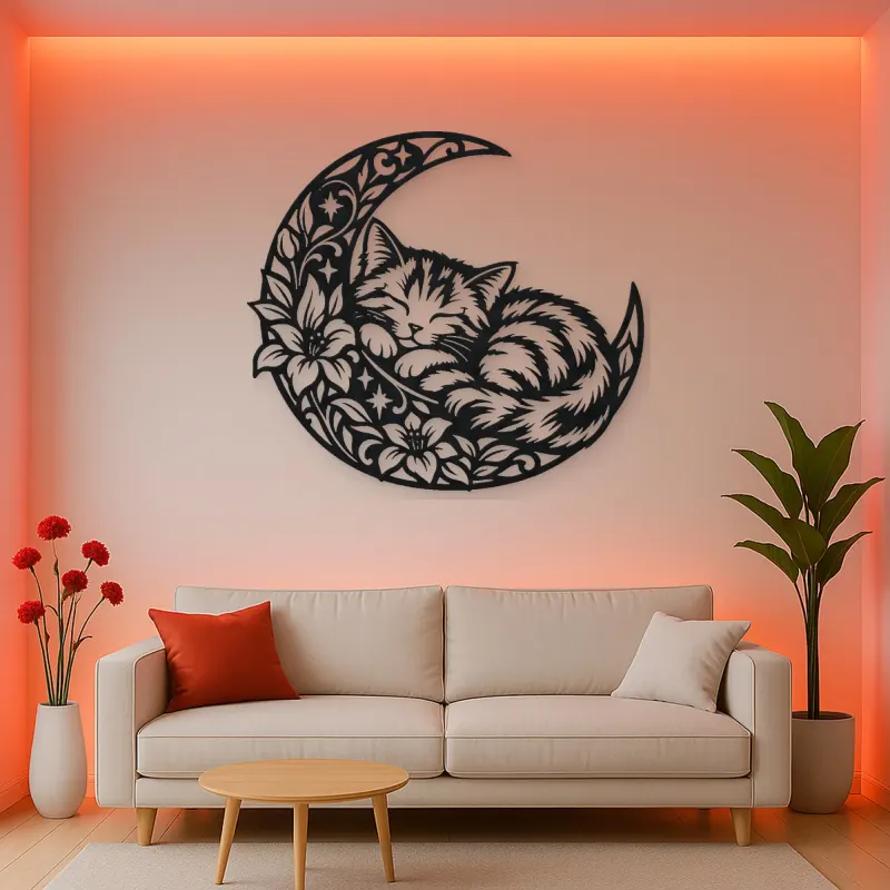 Sleeping Cat Crescent Metal Wall Art | Pet Lover Silhouette Decor
