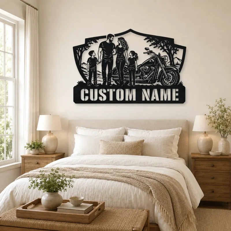 Personalized Family of Four Cruiser Motorcycle Metal Wall Art - lifestyle view 2