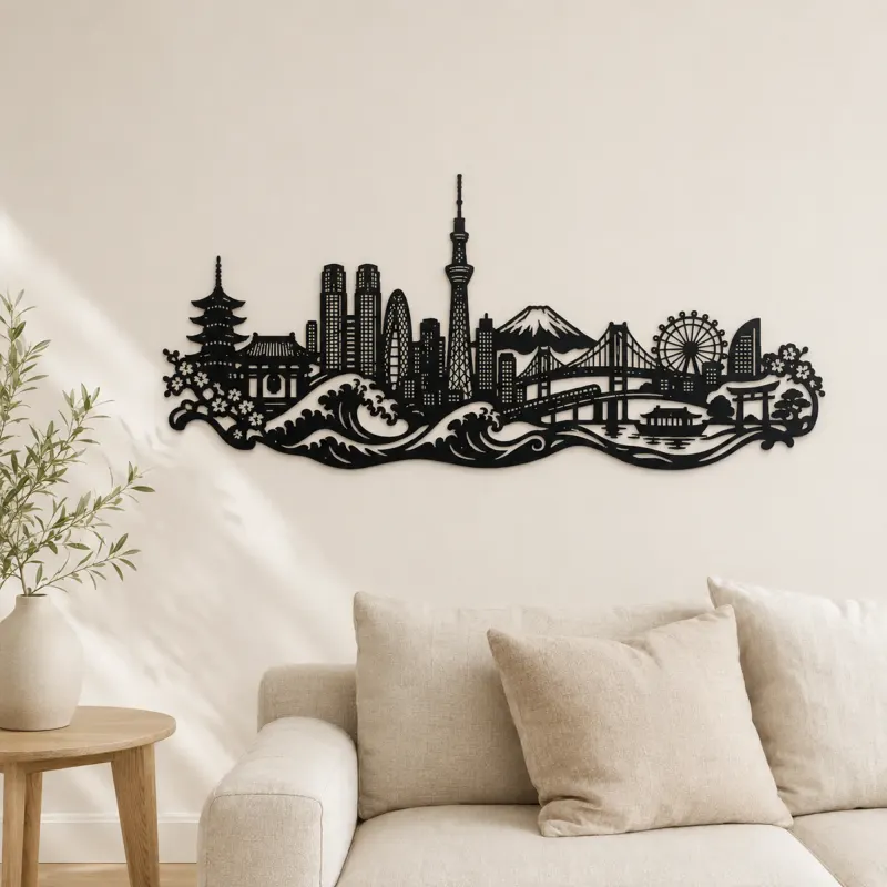 Arte mural de metal Tokyo Skyline Wave | Decoración de viaje y ciudad