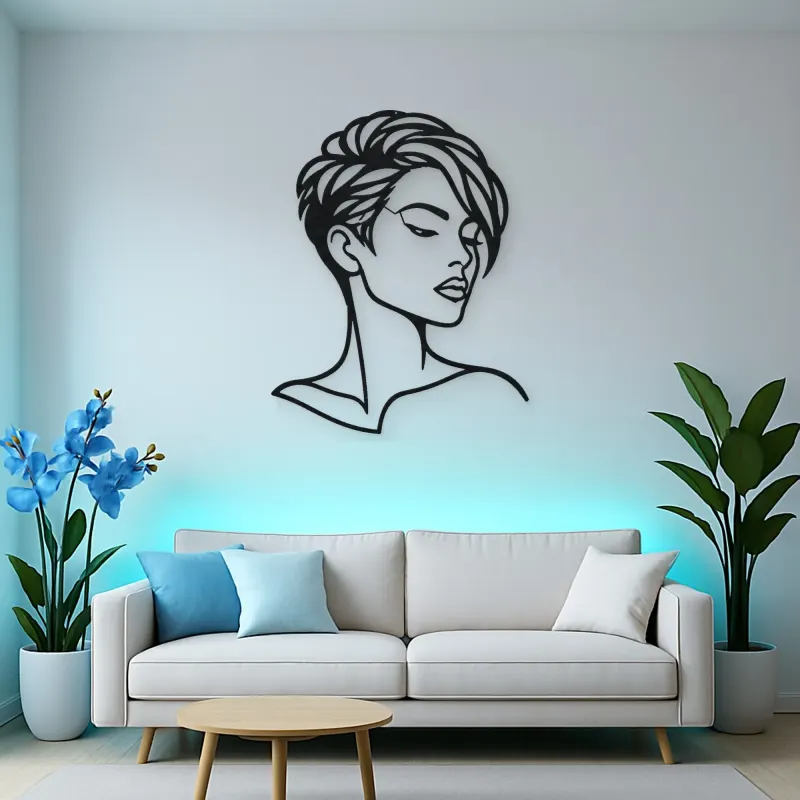 Short Hair Modern Face Metal Wall Art | Minimalist Woman Line Art