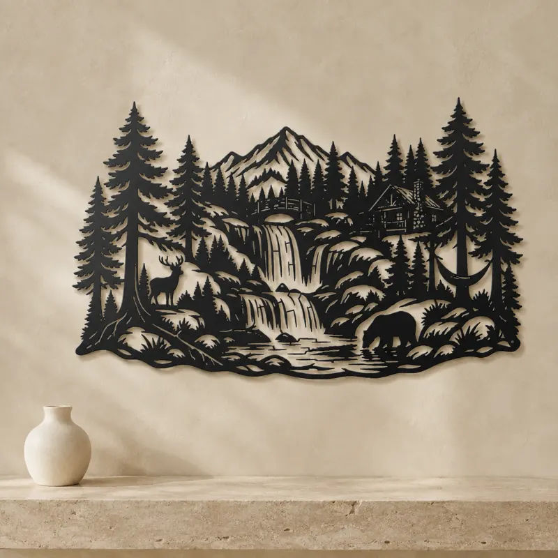 Forest Waterfall Metal Wall Art | Nature Silhouette Decor - lifestyle view 3