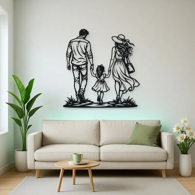 Family of Three Walk Metal Wall Art | Family Silhouette Decor