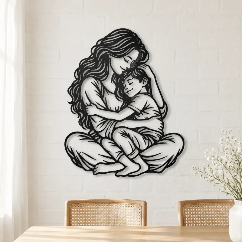 Mother Son Cuddle Metal Wall Art | Family Silhouette Decor - lifestyle view 4