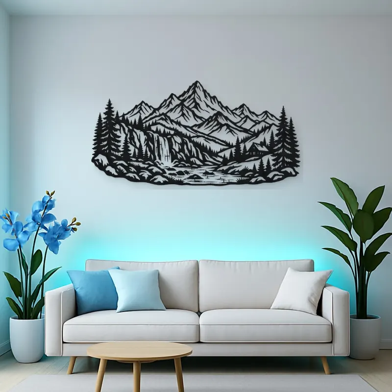 Waterfall Mountain Valley Metal Wall Art | Nature Silhouette Decor
