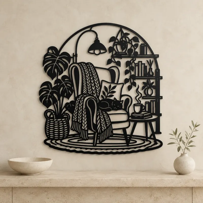Reading Chair Corner Metal Wall Art | Cozy Home Metal Decor - lifestyle view 3