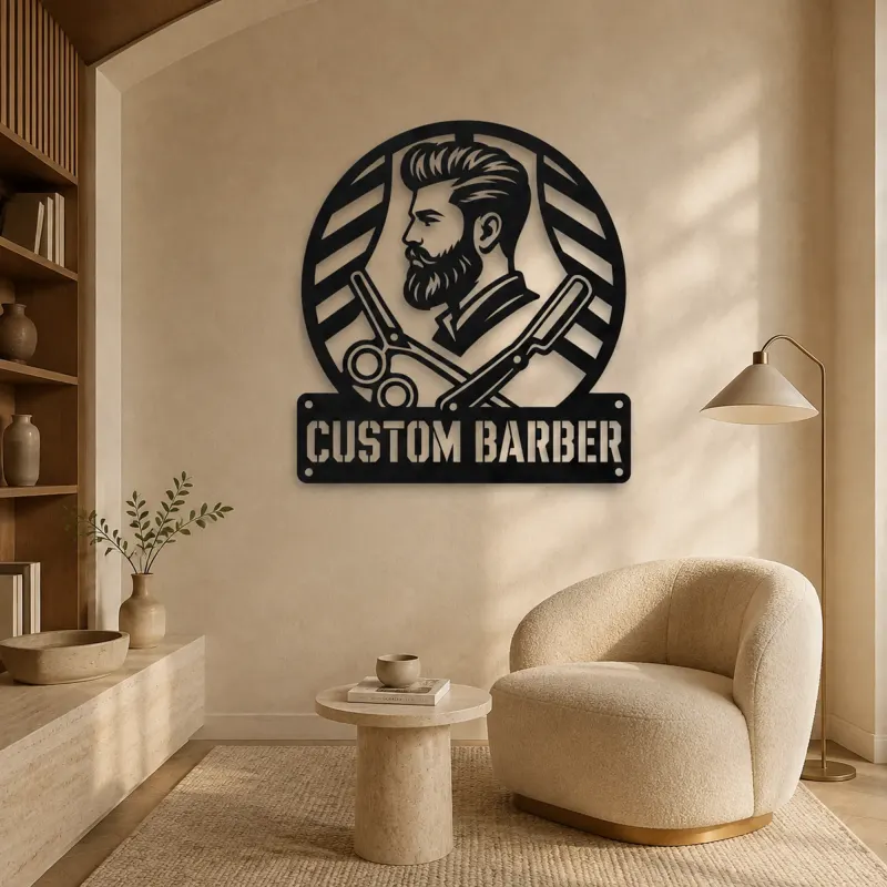 Personalized Barber Metal Wall Art with Scissors and Razor - lifestyle view 5