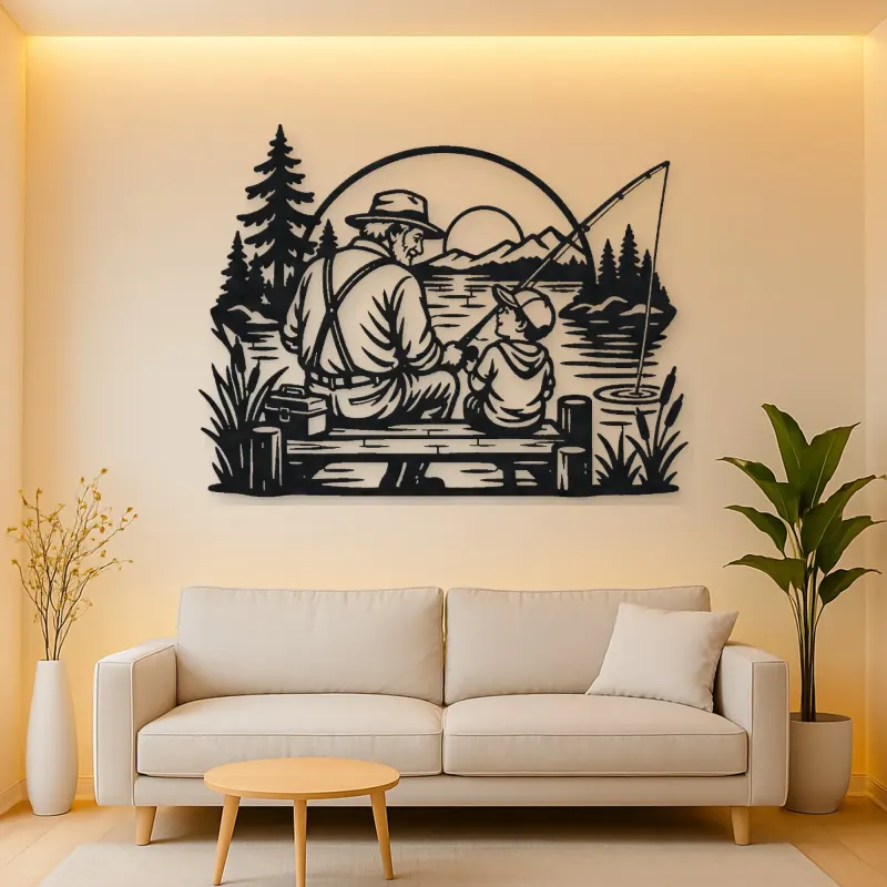 Grandfather Grandson Fishing Metal Wall Art | Family Silhouette Decor