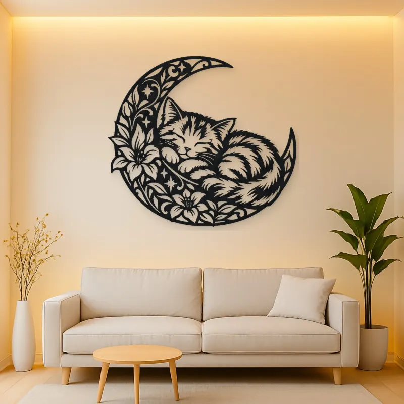 Sleeping Cat Crescent Metal Wall Art | Pet Lover Silhouette Decor