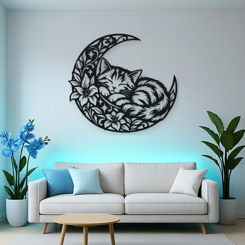 Sleeping Cat Crescent Metal Wall Art | Pet Lover Silhouette Decor