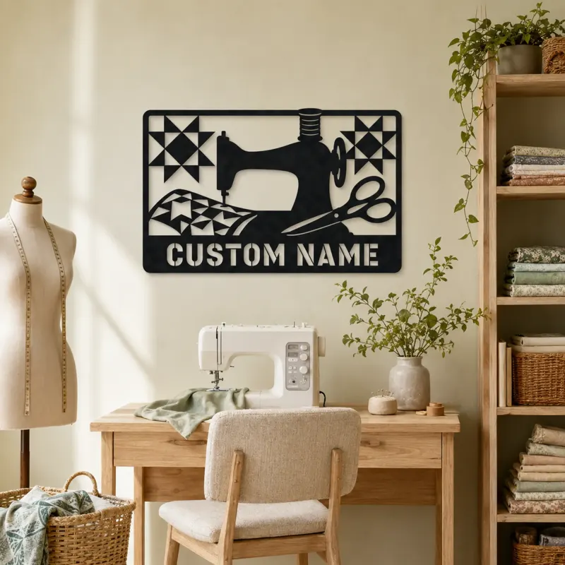 Personalized Sewing Machine Metal Wall Art with Quilt Details - lifestyle view 4