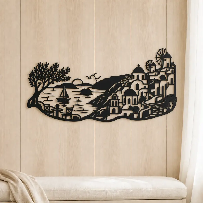 Santorini Coastal Line Metal Wall Art | Travel and City Wall Decor - lifestyle view 5