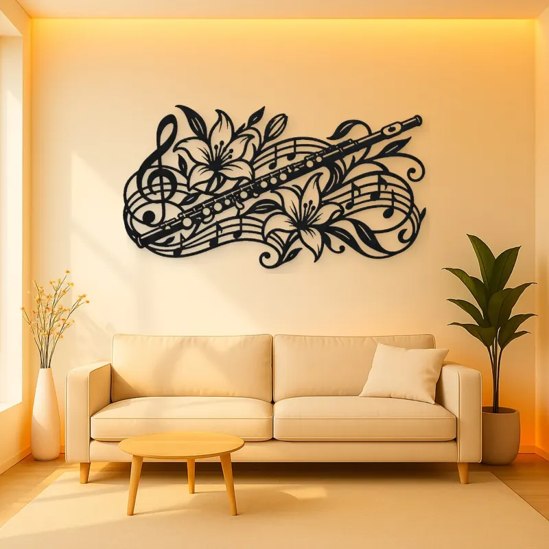 Flute Botanical Line Metal Wall Art | Music Room Wall Decor