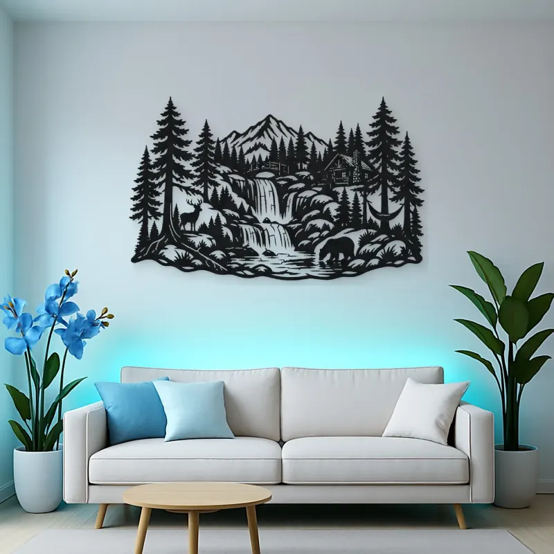 Forest Waterfall Metal Wall Art | Nature Silhouette Decor