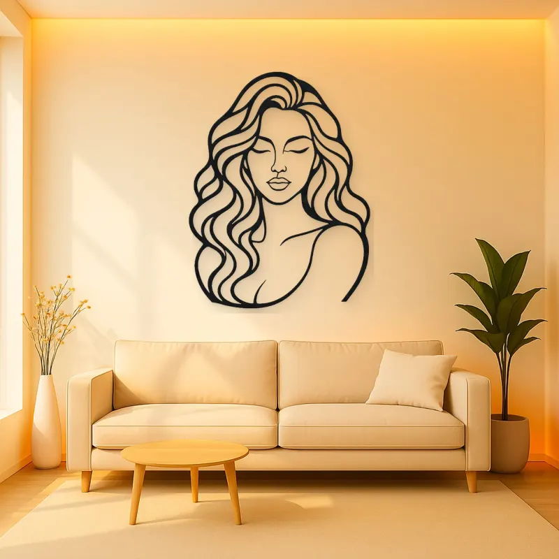 Wavy Hair Beauty Metal Wall Art | Minimalist Woman Line Art