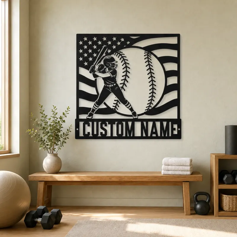 Personalized Softball Player and American Flag Metal Wall Art - lifestyle view 4