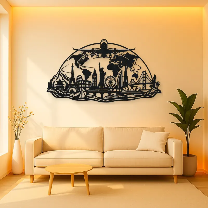 Airplane World Arc Metal Wall Art | Travel and City Wall Decor