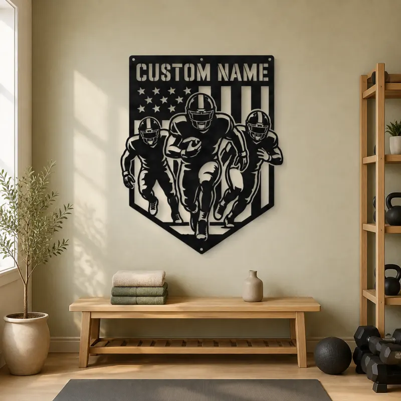 Personalized Three Football Players American Flag Metal Wall Art - lifestyle view 4