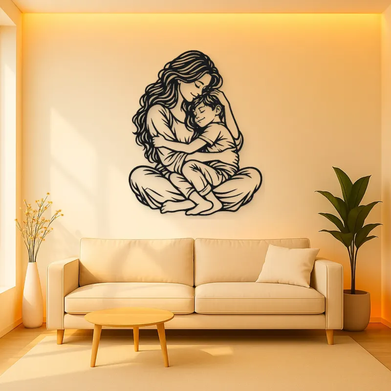 Mother Son Cuddle Metal Wall Art | Family Silhouette Decor