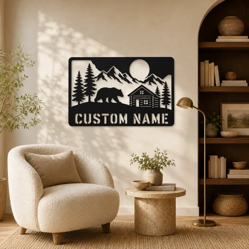 Personalized Bear and Log Cabin Metal Wall Art - lifestyle view 5