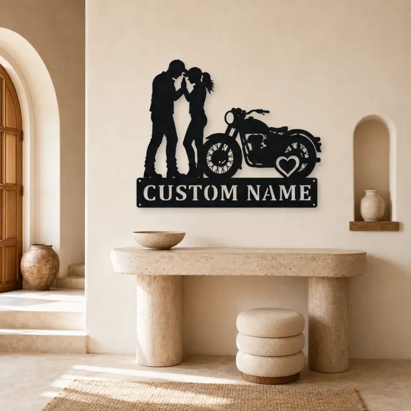 Personalized Vintage Motorcycle Couple Metal Wall Art with Heart - lifestyle view 3