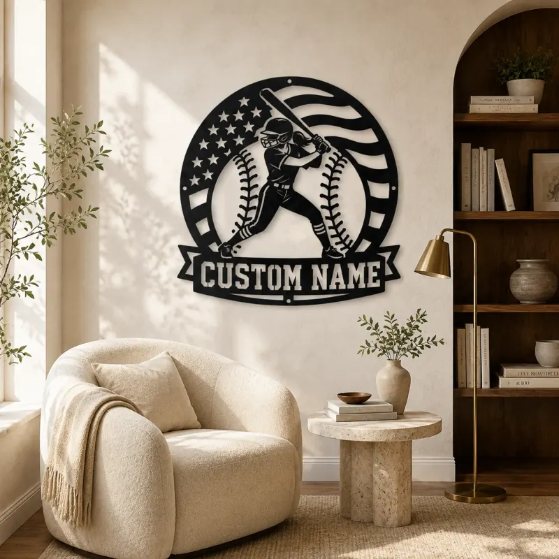 Personalized Female Softball Batter Round Flag Metal Wall Art - lifestyle view 5