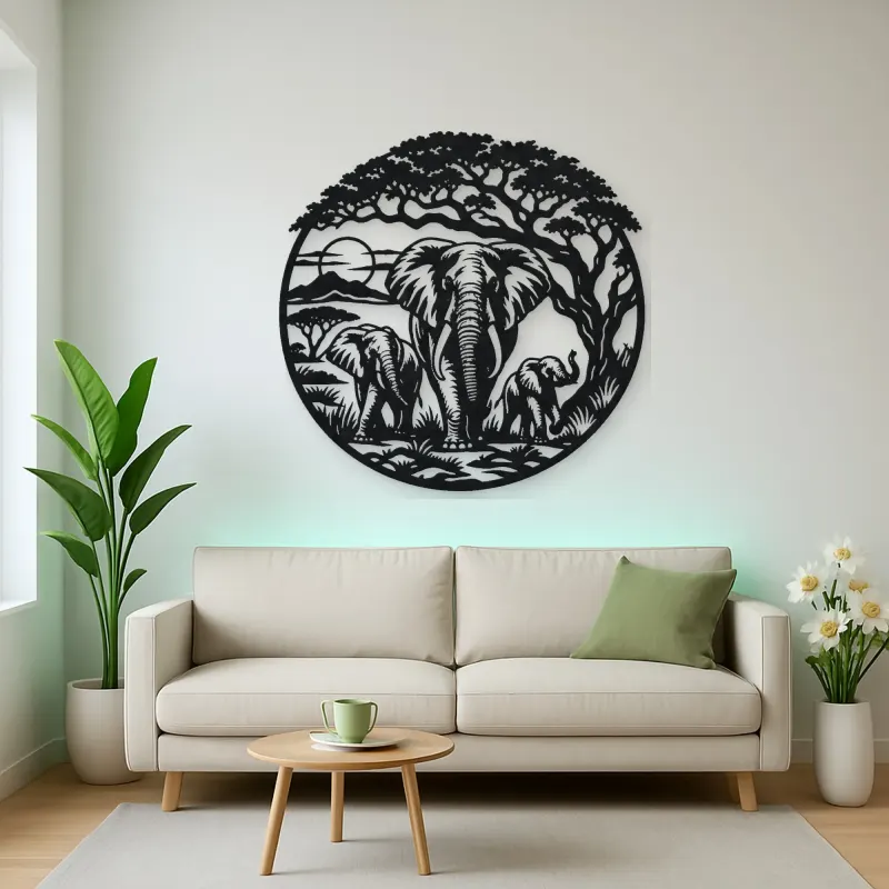 Elephant Tree Circle Metal Wall Art | Wildlife Silhouette Decor