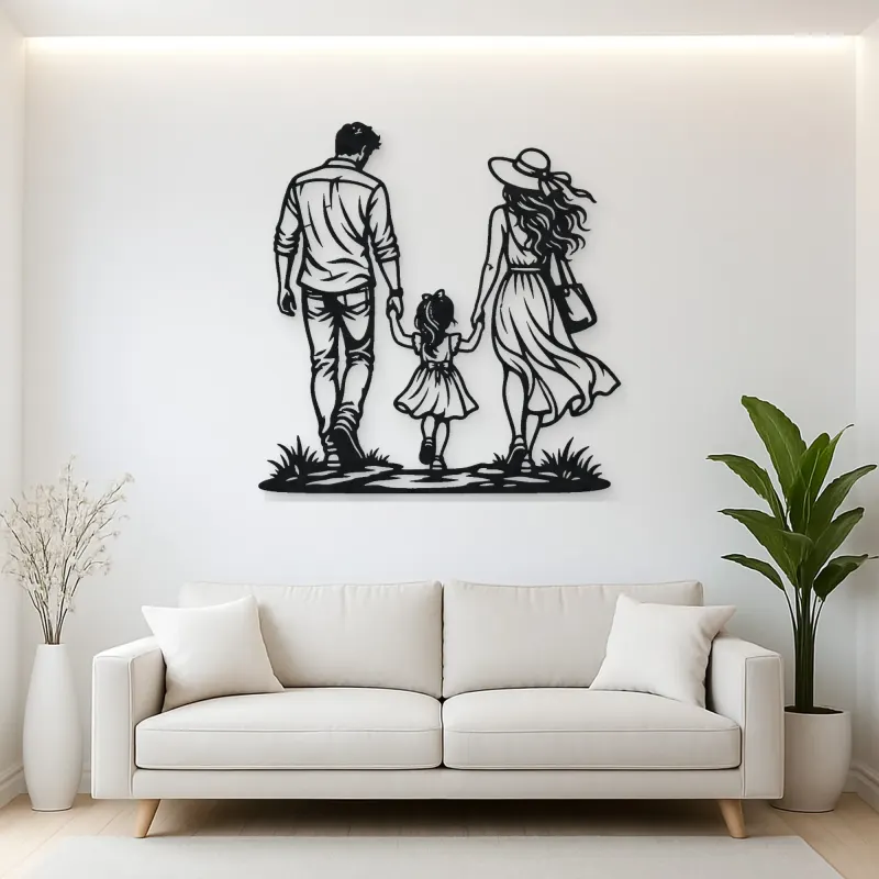Family of Three Walk Metal Wall Art | Family Silhouette Decor