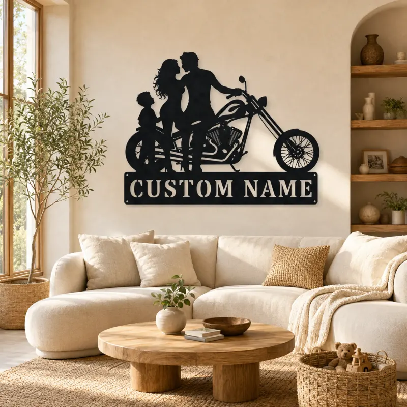Décoration murale en métal personnalisée pour famille de trois avec chopper