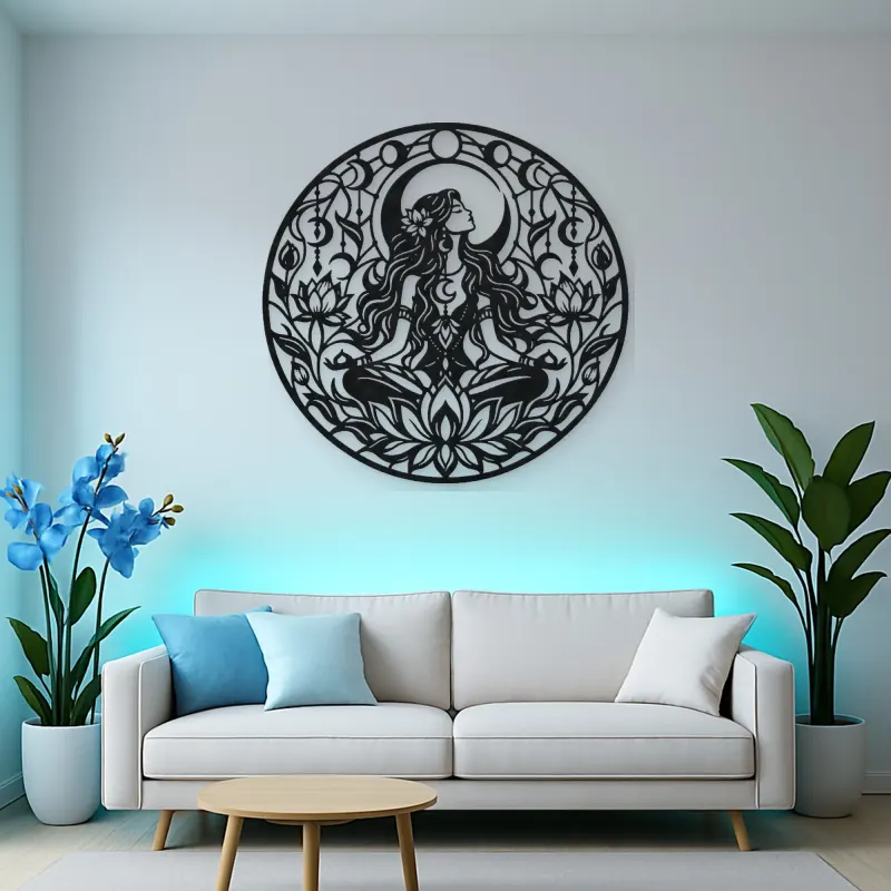 Lotus Moon Woman Metal Wall Art | Minimalist Woman Line Art