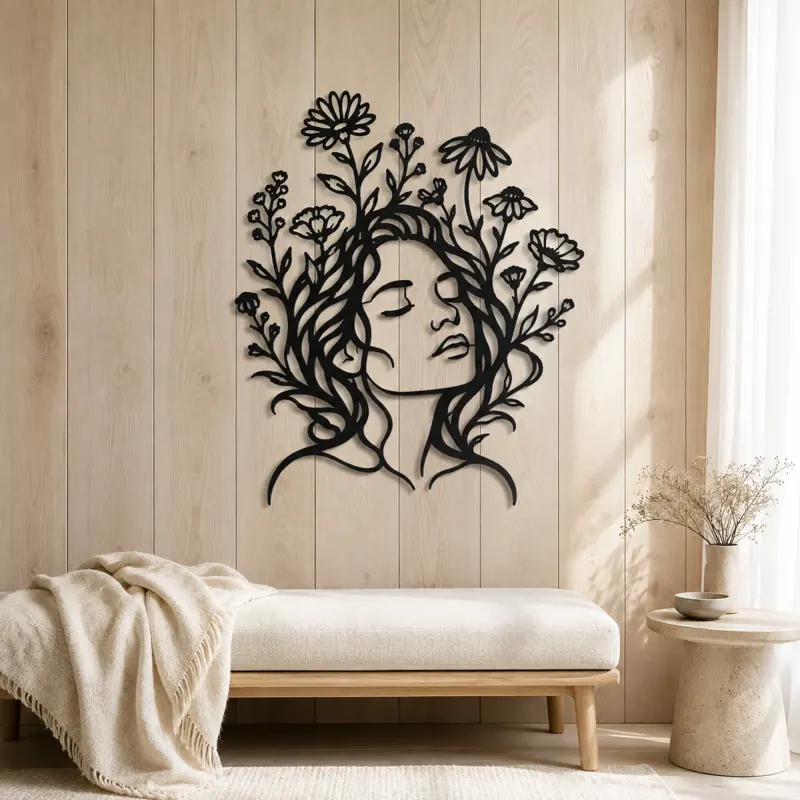 Wildflower Face Metal Wall Art | Minimalist Woman Line Art - lifestyle view 5