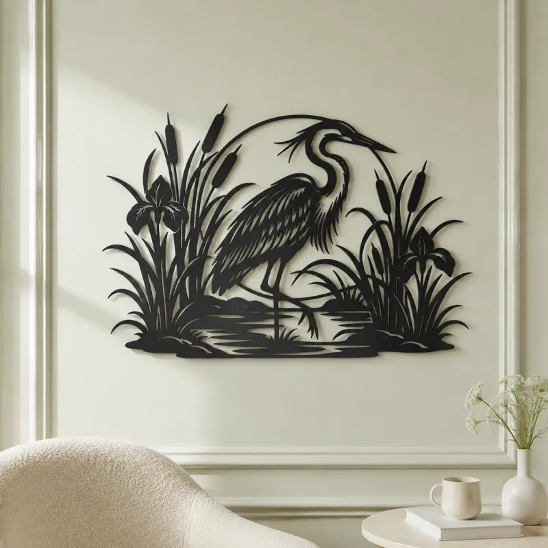 Heron Reed Garden Metal Wall Art | Wildlife Silhouette Decor - lifestyle view 2