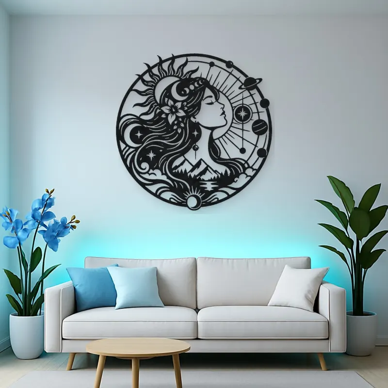 Celestial Woman Profile Metal Wall Art | Minimalist Woman Line Art