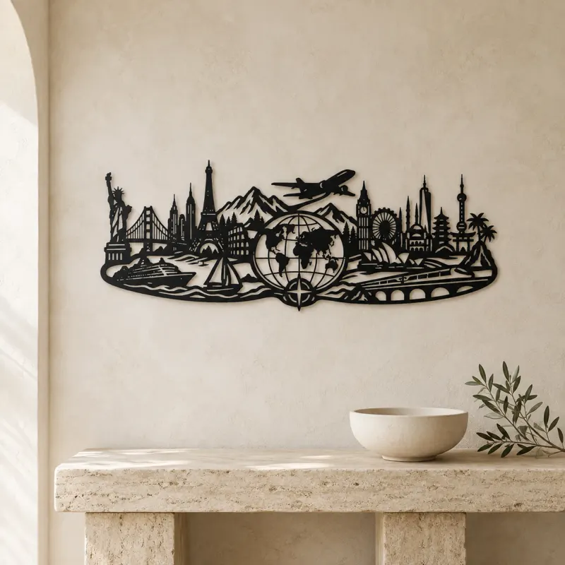 World Map Travel Line Metal Wall Art | Travel and City Wall Decor - lifestyle view 3