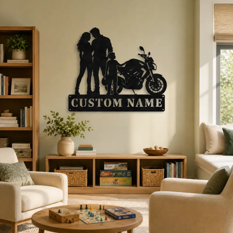 Personalized Motorcycle Family with Helmet Carrying Child Metal Wall Art - lifestyle view 4