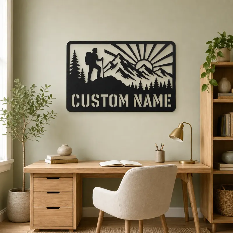 Personalized Mountain Hiker Metal Wall Art with Sunrise - lifestyle view 4