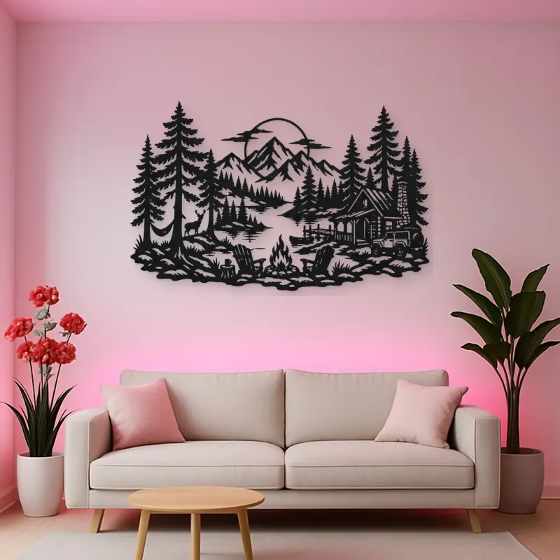 Campfire in the Pines Metal Wall Art | Nature Silhouette Decor