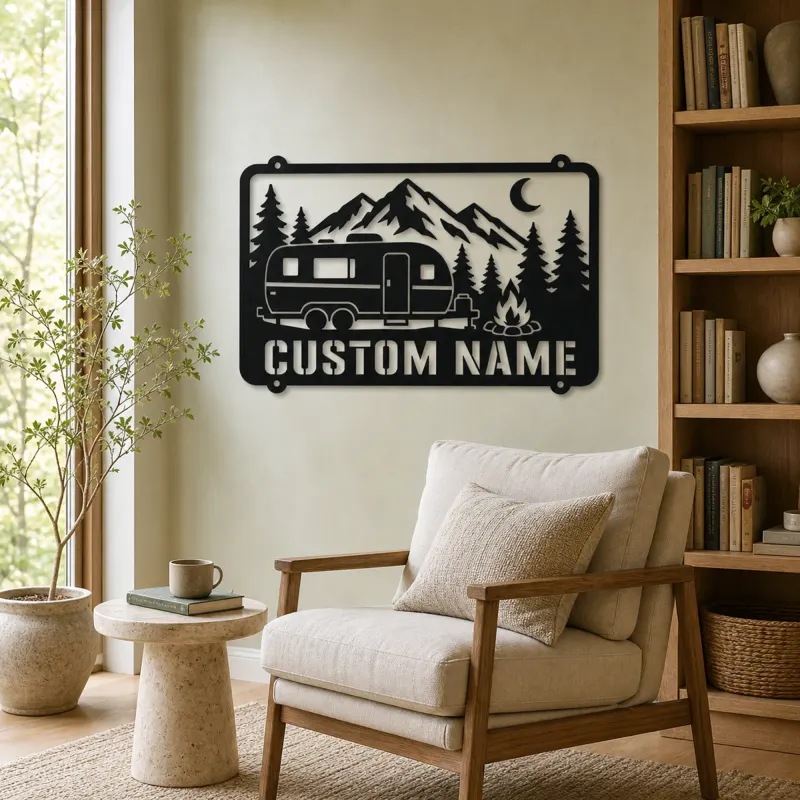 Personalized Camper Trailer Metal Wall Art with Mountain Camp - lifestyle view 4