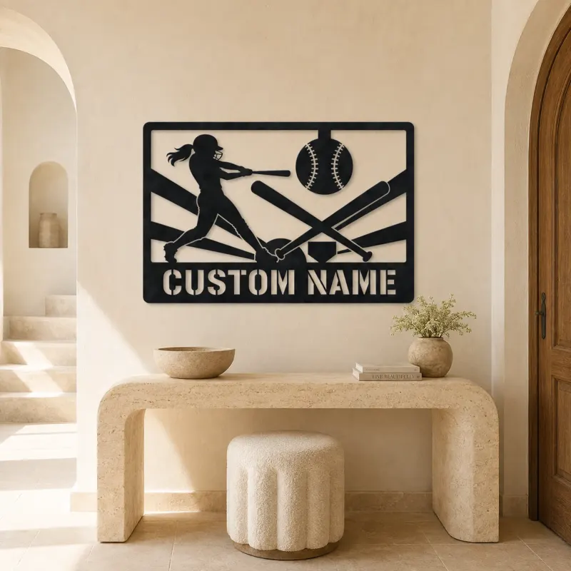 Personalized Softball Player Metal Wall Art with Crossed Bats - lifestyle view 3