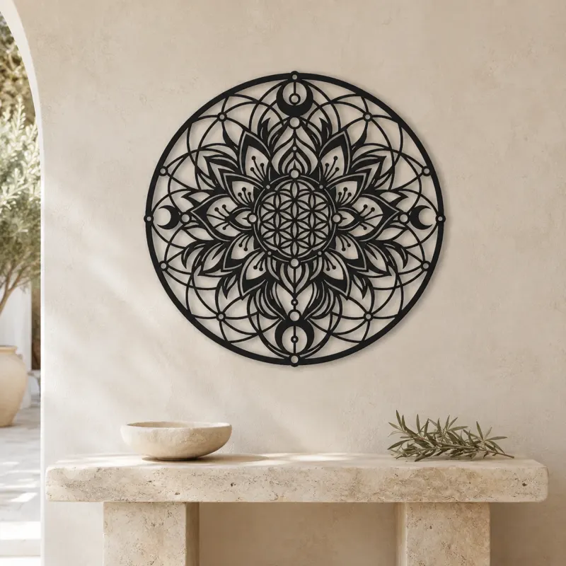 Sacred Geometry Flower Metal Wall Art | Botanical Metal Wall Decor - lifestyle view 3