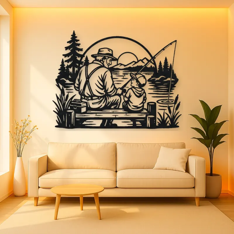Grandfather Grandson Fishing Metal Wall Art | Family Silhouette Decor
