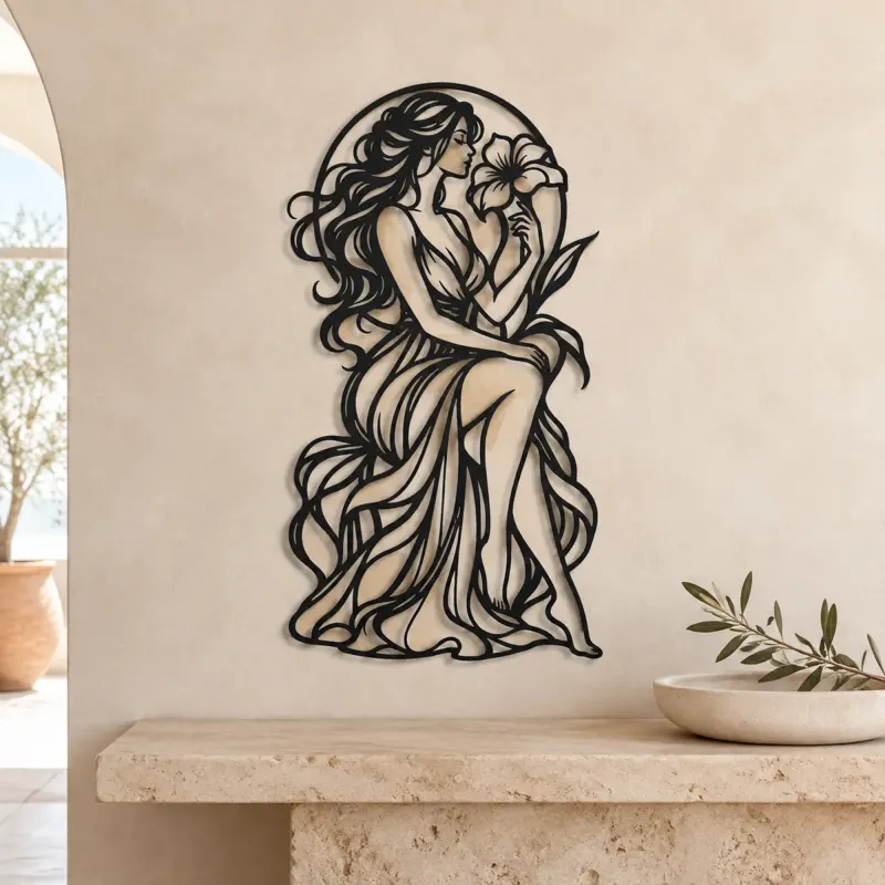 Muse with Flower Metal Wall Art | Minimalist Woman Line Art - lifestyle view 3
