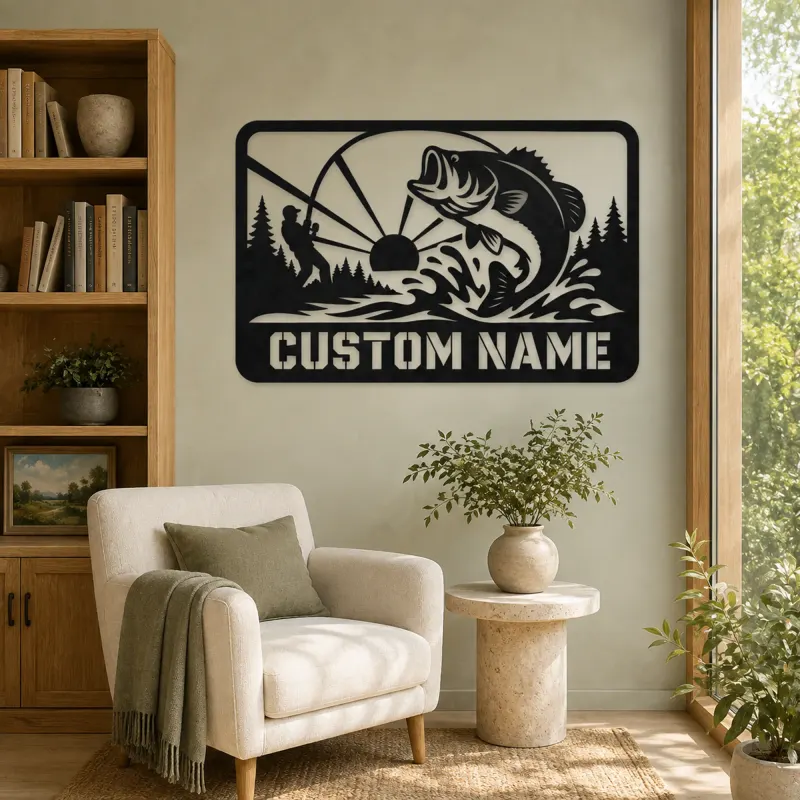Personalized Bass Fishing Metal Wall Art with Fisherman - lifestyle view 4