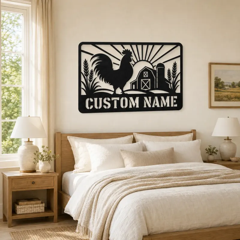 Personalized Rooster Farm Metal Wall Art with Barn Scene - lifestyle view 2