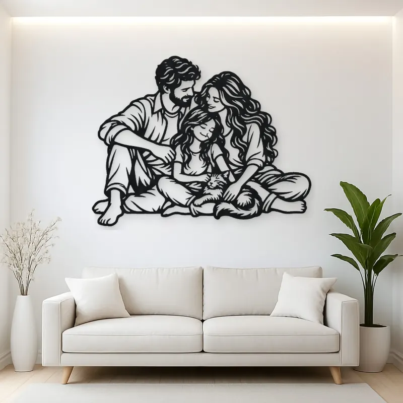 Family with Cat Metal Wall Art | Pet Lover Silhouette Decor