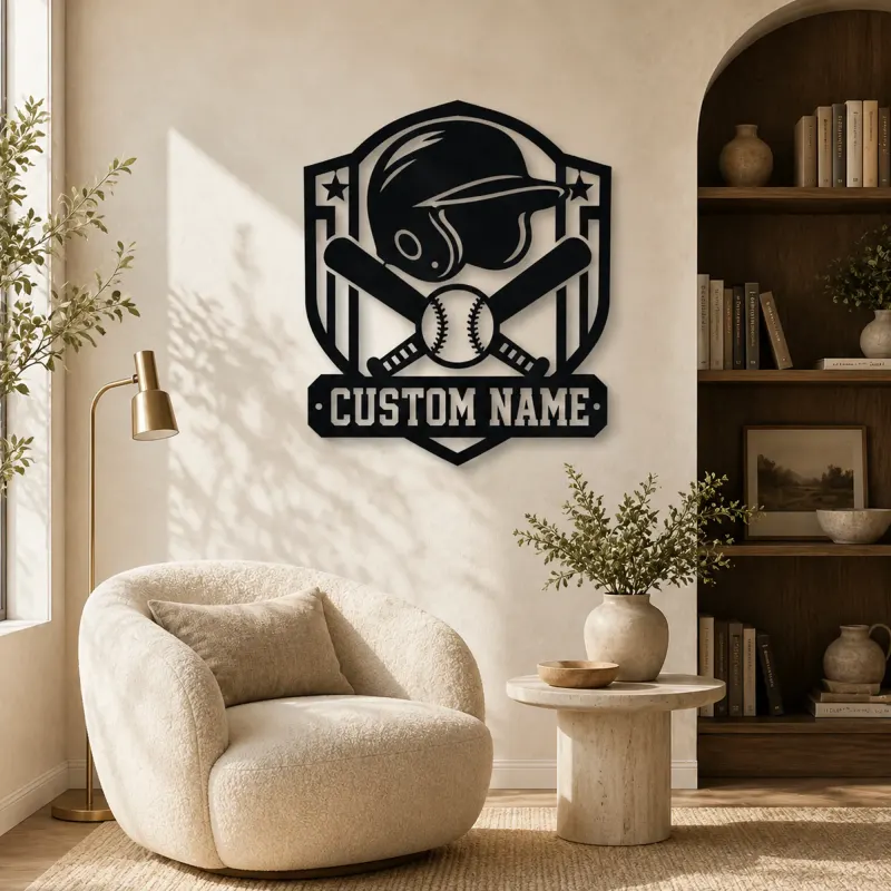 Personalized Baseball Helmet Crossed Bats Shield Metal Wall Art - lifestyle view 5