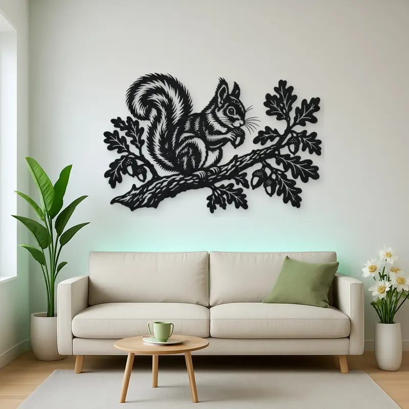 Squirrel Oak Branch Metal Wall Art | Wildlife Silhouette Decor
